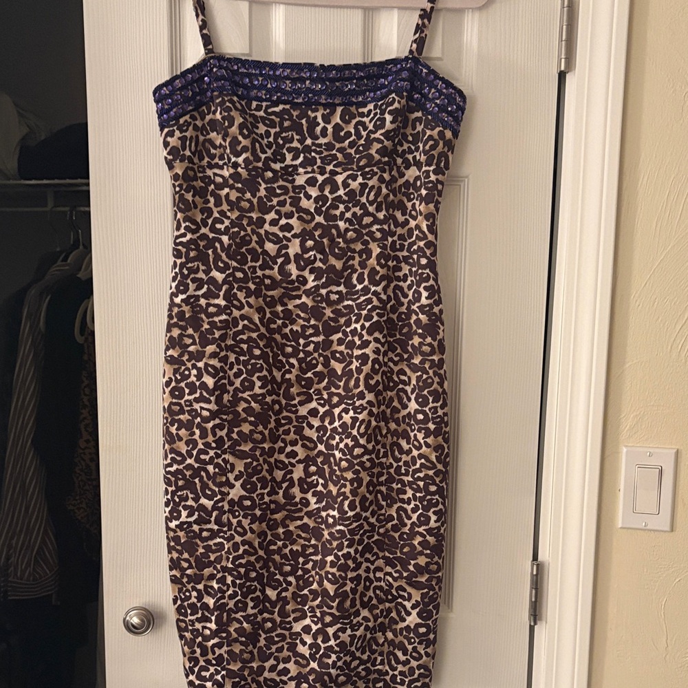Karen Millen Leopard Print Slip Dress with Purple Beaded Trim